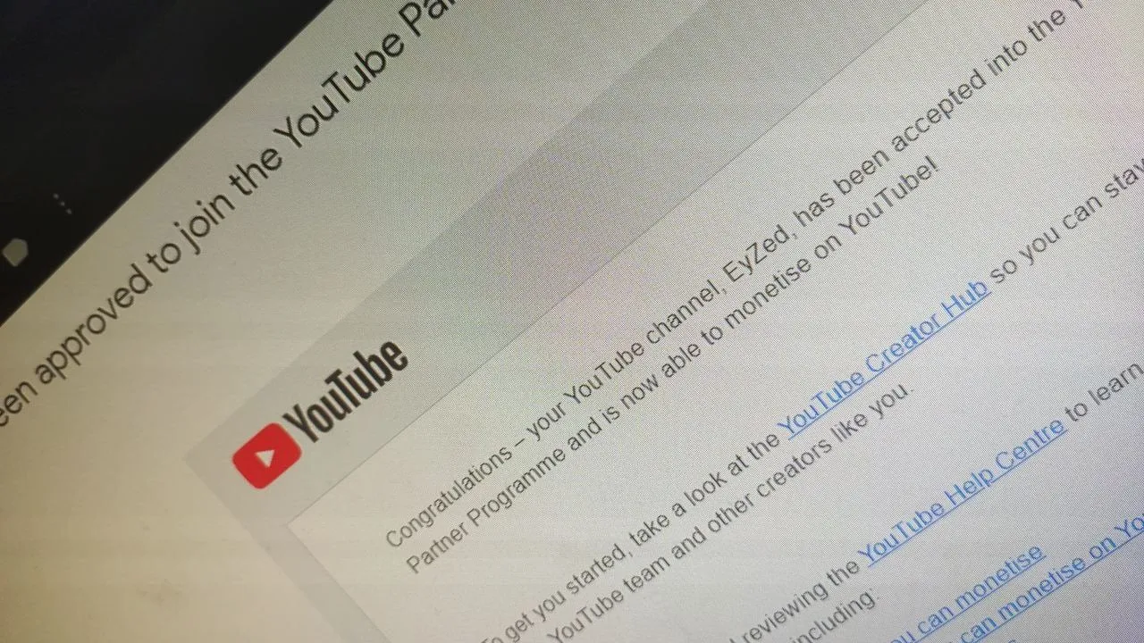 The YouTube Partner Programme acceptance email