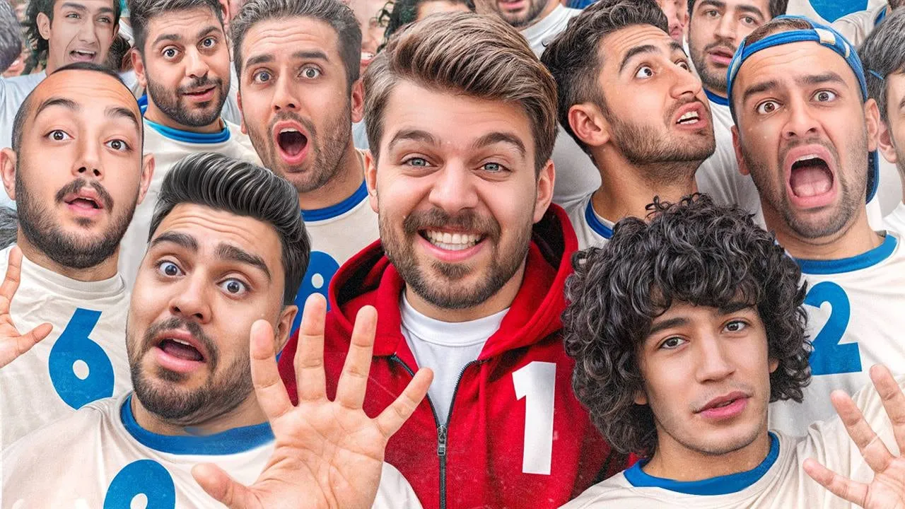 The 50-YouTuber challenge thumbnail, with Amir EyZed in the red hoodie